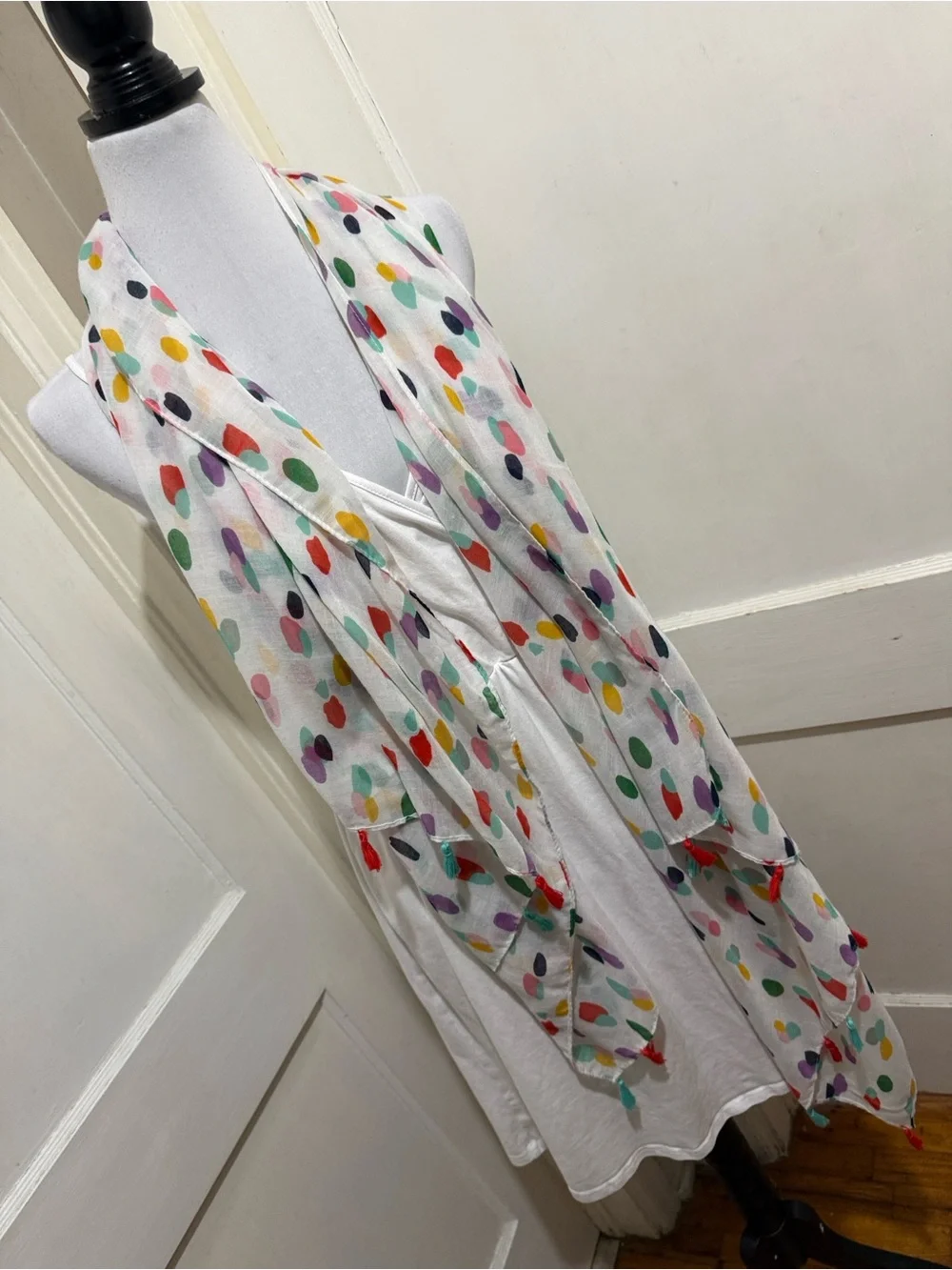 White Multicolor Dot Scarf Topper